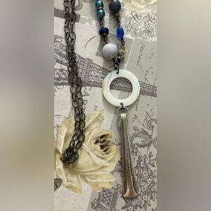 Vintage repurposed Spoon and shell necklace with gem beads